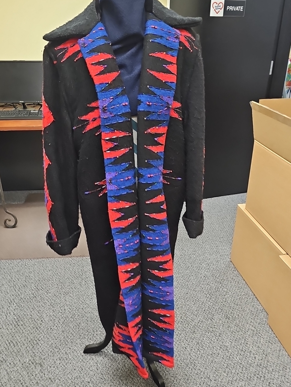 Black Woven Wool Tapestry Coat with Red & Blue Geometric Beaded Trim - Large